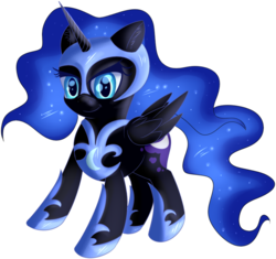 Size: 828x779 | Tagged: safe, artist:brok-enwings, nightmare moon, alicorn, pony, g4, chibi, ethereal mane, female, filly, galaxy mane, helmet, nightmare woon, simple background, smiling, solo, transparent background