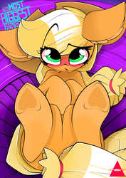 Size: 2893x4092 | Tagged: safe, artist:ahekao, applejack, earth pony, pony, comic:the most powerful adventure, g4, big ears, blushing, cute, ear fluff, female, floppy ears, hat, human shoulders, looking at you, mare, on back, raised eyebrow, solo, the most biggest adventure, underhoof