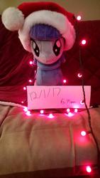 Size: 380x675 | Tagged: artist needed, safe, maud pie, earth pony, pony, g4, 4chan, christmas, cute, female, hat, holiday, irl, lights, maudabetes, photo, plushie, santa hat, solo, timestamp