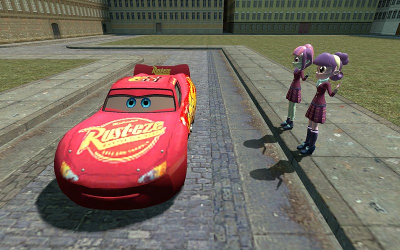 1600597 - safe, artist:humberto2000, sunny flare, suri polomare, equestria  girls, 10000 hours in gmod, 3d, barely pony related, boots, cars (pixar),  clothes, crossover, female, gloves, gmod, kachow!!!!, lightning mcqueen,  motorcross, shoes, wat ...