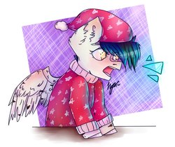 Size: 674x568 | Tagged: safe, artist:kokona-haruto, oc, oc only, pegasus, pony, christmas, clothes, ear fluff, holiday, screaming, simple background, solo, stars, surprised, sweater, yellow eyes