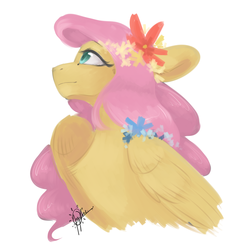 Size: 1300x1400 | Tagged: safe, artist:yuyusunshine, fluttershy, pegasus, pony, g4, beautiful, bust, cute, featured image, female, floppy ears, flower, flower in hair, folded wings, green eyes, looking away, looking up, mare, profile, shyabetes, signature, simple background, smiling, solo, white background
