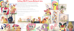 Size: 3320x1416 | Tagged: safe, artist:thefriendlyelephant, apple bloom, applejack, big macintosh, fluttershy, marble pie, pinkie pie, queen chrysalis, rainbow dash, rarity, scootaloo, spike, sweetie belle, bat pony, chicken, dragon, earth pony, parrot, pegasus, pony, unicorn, g4, advertisement, advertising, apple, ball, bow, candy, candy corn, cider, collage, cookie, cutie mark crusaders, flag, flutterbat, food, jenga, mane six, oreo, palm tree, pot, question mark, race swap, rope, ruler, selling, text, traditional art, tree