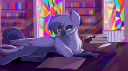 Size: 1024x569 | Tagged: safe, artist:sarehkee, oc, oc only, oc:philly stone, griffon, bookshelf, library, lying down, male, reading, solo, stained glass, trap, wallpaper