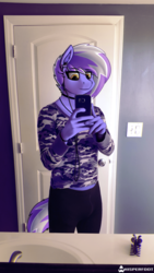 Size: 720x1280 | Tagged: safe, artist:whisperfoot, oc, oc only, oc:berry frost, anthro, anthro oc, bathroom, camouflage, choker, chromatic aberration, drawing over a selfie, earbuds, femboy, male, phone, selfie, solo, tights