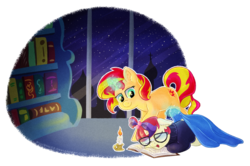 Size: 1024x681 | Tagged: safe, artist:ruushiicz, moondancer, sunset shimmer, pony, unicorn, g4, blanket, book, candle, clothes, cute, dancerbetes, fire, glasses, magic, night, open mouth, sleeping, stars