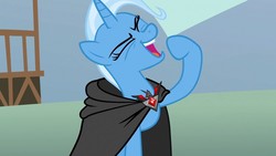 Size: 1920x1080 | Tagged: safe, screencap, trixie, pony, unicorn, g4, magic duel, alicorn amulet, clothes, coat, eyes closed, female, laughing, noblewoman's laugh, raised hoof, solo