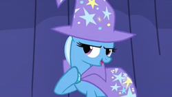 Size: 1920x1080 | Tagged: safe, edit, screencap, trixie, boast busters, g4, 16:9, cape, clothes, curtains, female, hat, low quality, seductive look, solo, wallpaper