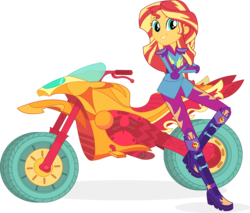 Size: 9574x8166 | Tagged: safe, artist:sugar-loop, sunset shimmer, equestria girls, g4, my little pony equestria girls: friendship games, absurd resolution, boots, clothes, crossed arms, female, jacket, motorcycle, shoes, simple background, solo, transparent background, vector