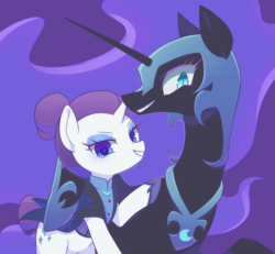 Size: 1200x1111 | Tagged: safe, artist:kkmrarar, nightmare moon, rarity, alicorn, pony, unicorn, g4, the cutie re-mark, alternate timeline, clothes, evil smile, female, grin, lesbian, looking at you, mare, moon, night maid rarity, nightmare takeover timeline, ship:nightrarity, shipping, smiling