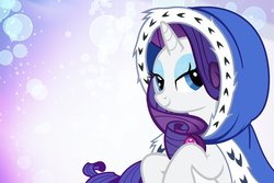 Size: 1000x667 | Tagged: safe, artist:pixelkitties, edit, rarity, g4, abstract background, bust, christmas, cloak, clothes, cropped, female, holiday, lidded eyes, looking at you, raised hoof, robe, smiling, solo, winter outfit
