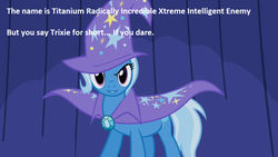 Size: 1280x720 | Tagged: safe, edit, edited screencap, screencap, trixie, pony, robot, unicorn, boast busters, g4, cape, clothes, female, hat, looking at you, mare, solo