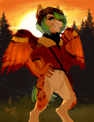 Size: 1700x2200 | Tagged: safe, artist:hellys, oc, oc only, oc:clipper, hippogriff, cigarette, claws, clothes, female, forest, goggles, smoking, standing, sunset, thumbs up