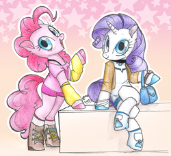 Size: 2000x1827 | Tagged: safe, artist:sl0ne, pinkie pie, rarity, earth pony, pony, unicorn, g4, clothes, cute, diapinkes, female, looking at you, mare, raribetes, shoes, sitting, smiling, traditional art