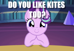 Size: 880x608 | Tagged: safe, starlight glimmer, pony, unicorn, g4, bronybait, cute, female, glimmerbetes, image macro, looking at you, mare, meme, question, talking to viewer, that pony sure does love kites