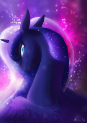 Size: 2480x3507 | Tagged: dead source, safe, artist:obsidelle, artist:php102, princess luna, alicorn, pony, g4, abstract background, evil grin, female, floppy ears, glare, grin, high res, looking at you, looking back, looking back at you, mare, missing accessory, nightmare luna, ominous, slit pupils, smiling, smirk, solo, spread wings, wings