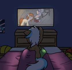 Size: 1445x1392 | Tagged: safe, artist:neuro, soarin', oc, oc:anon, oc:brave, oc:frosty hooves, oc:vannie, g4, bed, eeee, poster, television, wonderbolts