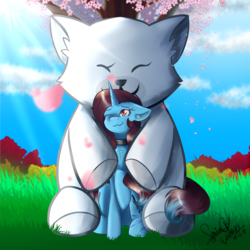 Size: 2000x2000 | Tagged: safe, artist:sonigiraldo, oc, oc only, oc:dess, pony, duo, high res, hug, one eye closed, sitting, smiling