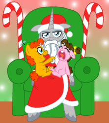 Size: 750x844 | Tagged: safe, artist:crazynutbob, star swirl the bearded, oc, oc:fudge fondue, oc:pizza pockets, g4, shadow play, bow, bucktooth, candy, candy cane, chair, christmas, clothes, colt, costume, crying, female, filly, floppy ears, food, freckles, grabbing beard, gradient background, grumpy, hair bow, hat, hearth's warming, holiday, male, offspring, parent:cheese sandwich, parent:pinkie pie, parents:cheesepie, propeller hat, santa costume, santa hat, twins, unamused