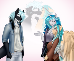 Size: 3538x2917 | Tagged: safe, artist:askbubblelee, oc, oc only, oc:bubble lee, oc:mako, oc:willow breeze, orca pony, original species, pegasus, unicorn, anthro, anthro oc, body freckles, breasts, chest freckles, cleavage, clothes, ear fluff, ear piercing, eyes closed, female, floppy ears, freckles, grandmother and grandchild, high res, kissing, looking at each other, makolee, male, mare, oc x oc, open mouth, pants, piercing, shipping, shirt, smiling, stallion, surprised, trio, wiko