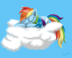 Size: 800x640 | Tagged: safe, artist:the1xeno1, rainbow dash, pegasus, pony, g4, cloud, cute, eyes closed, female, mare, on a cloud, sleeping, solo