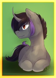 Size: 1380x1920 | Tagged: safe, artist:shiro-roo, oc, oc only, pony, unicorn, chest fluff, curved horn, horn, lying, male, prone, smiling, solo, stallion