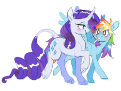 Size: 1432x1074 | Tagged: safe, artist:xenon, rainbow dash, rarity, classical unicorn, pegasus, pony, unicorn, g4, blushing, cloven hooves, curved horn, ear fluff, female, horn, leonine tail, lesbian, looking at each other, mare, raised hoof, ship:raridash, shipping, simple background, smiling, unshorn fetlocks, white background