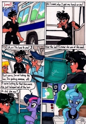 Size: 1378x1982 | Tagged: safe, artist:newyorkx3, princess luna, oc, oc:tommy, human, comic:young days, g4, bus, comic, dialogue, manehattan, music notes, s1 luna, traditional art