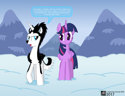 Size: 3300x2550 | Tagged: safe, artist:mrchaosthecunningwlf, artist:ponyvillechaos577, twilight sparkle, oc, oc:frost cloud, alicorn, husky, pony, g4, dialogue, high res, mountain, snow, twifrost, twilight sparkle (alicorn)