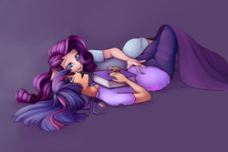 Size: 3000x2000 | Tagged: safe, artist:lilfunkman, rarity, twilight sparkle, human, g4, book, female, high res, humanized, lesbian, looking up, on back, open mouth, purple background, ship:rarilight, shipping, simple background, smiling
