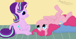 Size: 1024x537 | Tagged: safe, artist:megaanimationfan, pinkie pie, starlight glimmer, earth pony, pony, unicorn, g4, duo, lying down, on back, signature, smiling