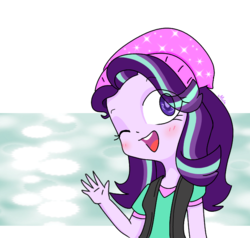 Size: 676x644 | Tagged: safe, artist:chautung, starlight glimmer, human, equestria girls, g4, beanie, blushing, clothes, female, hat, looking at you, one eye closed, open mouth, solo, waving, wink