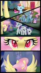 Size: 1024x1820 | Tagged: safe, artist:bonsia-lucky, fluttershy, pinkie pie, rainbow dash, starlight glimmer, trixie, pony, comic:on your own, g4, age regression, baby, baby dash, baby pie, baby pony, baby trixie, braces, comic, crying, diaper, evil fluttershy, female, filly, filly starlight glimmer, foal, growth, pacifier, red eyes, stare, the stare, younger