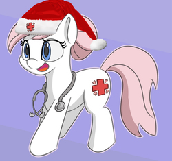Size: 800x752 | Tagged: safe, alternate version, artist:treekickerdraws, edit, nurse redheart, pony, g4, adorable face, christmas, cute, female, funny, hat, heartabetes, holiday, mare, open mouth, purple background, santa hat, simple background, smiling, solo, stethoscope