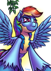 Size: 1034x1453 | Tagged: safe, artist:skorpionletun, rainbow dash, pegasus, pony, g4, clothes, female, looking at you, looking down, mare, mistletoe, multicolored hair, smiling, solo, spread wings, uniform, wings, wonderbolt trainee uniform, wonderbolts uniform