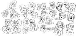 Size: 2832x1386 | Tagged: safe, artist:masserey, bon bon, cheerilee, lightning dust, lyra heartstrings, pacific glow, peachy plume, sweetie drops, trixie, earth pony, pegasus, pony, unicorn, g4, bandana, bow, bust, candy, cape, cheerileeder, cheerleader, cheerleader outfit, clothes, eyes closed, female, floppy ears, food, frown, glowing horn, grayscale, hat, heart, horn, looking at you, looking back, magic, mare, marshmallow, microphone, monochrome, mouth hold, music notes, musical instrument, neckerchief, open mouth, pom pom, ruler, sandwich, scrunchy face, secret agent sweetie drops, singing, sitting, sketch, sketch dump, skirt, smiling, spread wings, sunglasses, telekinesis, tongue out, trixie's cape, trixie's hat, trumpet, wings