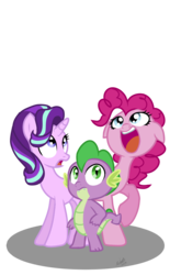 Size: 800x1214 | Tagged: safe, artist:emositecc, pinkie pie, spike, starlight glimmer, dragon, earth pony, pony, unicorn, g4, female, mare, simple background, smiling, transparent background, trio