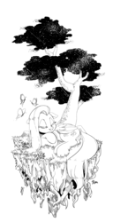 Size: 2100x4100 | Tagged: safe, artist:renokim, fluttershy, butterfly, pegasus, pony, g4, dirt cube, female, floating island, sleeping, solo, traditional art, tree