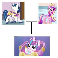 Size: 880x886 | Tagged: safe, princess cadance, princess flurry heart, shining armor, pony, g4, baby, baby bottle, baby flurry heart, baby pony, captain obvious, cradle, critical research failure, crown, diaper, family tree, jewelry, mind blown, regalia, trolling