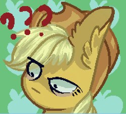 Size: 1031x933 | Tagged: source needed, safe, artist:rinioshi, applejack, earth pony, pony, g4, bust, confused, cowboy hat, ear fluff, female, hat, mare, portrait, question mark, solo