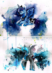 Size: 1600x2263 | Tagged: safe, artist:mashiromiku, nightmare moon, princess luna, alicorn, pony, g4, duo, female, prone, traditional art, watercolor painting