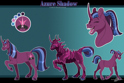 Size: 1800x1200 | Tagged: safe, artist:bijutsuyoukai, oc, oc only, oc:azure shadow, pony, unicorn, g4, my little pony: the movie, alternate hairstyle, armor, female, magical lesbian spawn, mare, offspring, parent:tempest shadow, parent:twilight sparkle, parents:tempestlight, reference sheet, solo, tongue out