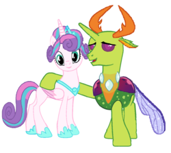 Size: 1050x938 | Tagged: safe, artist:oceanec, princess flurry heart, thorax, alicorn, changedling, changeling, pony, g4, base used, concave belly, female, hoof shoes, king thorax, male, ship:flurrax, shipping, side hug, slender, straight, thin