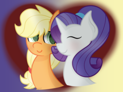 Size: 1363x1017 | Tagged: safe, artist:starburst987, applejack, rarity, earth pony, pony, unicorn, g4, alternate hairstyle, bust, eyes closed, female, lesbian, mare, ship:rarijack, shipping, smiling