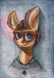 Size: 800x1146 | Tagged: safe, artist:rinioshi, oc, oc only, pony, bust, clothes, ear fluff, glasses, male, portrait, smiling, solo, stallion, traditional art