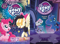 Size: 1028x750 | Tagged: source needed, safe, lilymoon, pinkie pie, princess luna, smartyhoof, songbird serenade, sweetie belle, peryton, g4, my little pony: the movie, peryton panic, pinkie pie steps up, ponyville mysteries, book, book cover, canterlot, comic, comic cover, cover, monster, party, ponyville, shadow