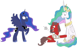 Size: 2898x1830 | Tagged: safe, artist:supahdonarudo, princess celestia, princess luna, oc, oc:ironyoshi, g4, clinging, clothes, descriptive noise, dialogue, hissing, raised hoof, shirt, surprised