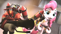 Size: 1920x1080 | Tagged: artist needed, source needed, safe, pinkie pie, g4, 3d, crossover, dragon's fury, flamethrower, jetpack, pyro (tf2), team fortress 2, thermal thruster, weapon