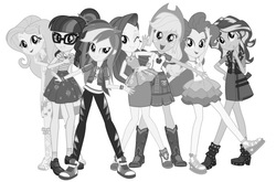 Size: 677x448 | Tagged: safe, edit, applejack, fluttershy, pinkie pie, rainbow dash, rarity, sci-twi, sunset shimmer, twilight sparkle, equestria girls, equestria girls series, g4, black and white, boots, clothes, converse, feet, glasses, grayscale, high heel boots, high heels, humane five, humane seven, humane six, monochrome, rarity peplum dress, sandals, shoes, skirt, socks