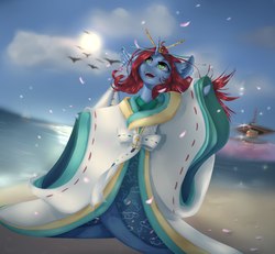 Size: 2333x2160 | Tagged: source needed, safe, artist:rinioshi, oc, oc only, pony, unicorn, chopsticks in hair, clothes, female, high res, junihitoe, looking up, mare, ocean, open mouth, solo